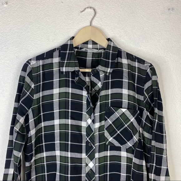 Athleta Button Down Plaid Top Green Black Sz S - Picture 2 of 5
